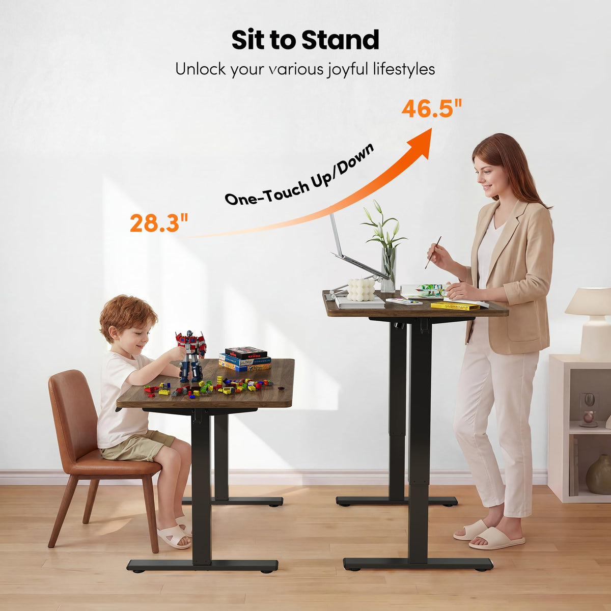FEZIBO One-Piece Standing Desk, 48"x24" Seamless Tabletop Electric Height Adjustable for Home Office, Study Rooms & Multi-Device Workstations, Black Walnut