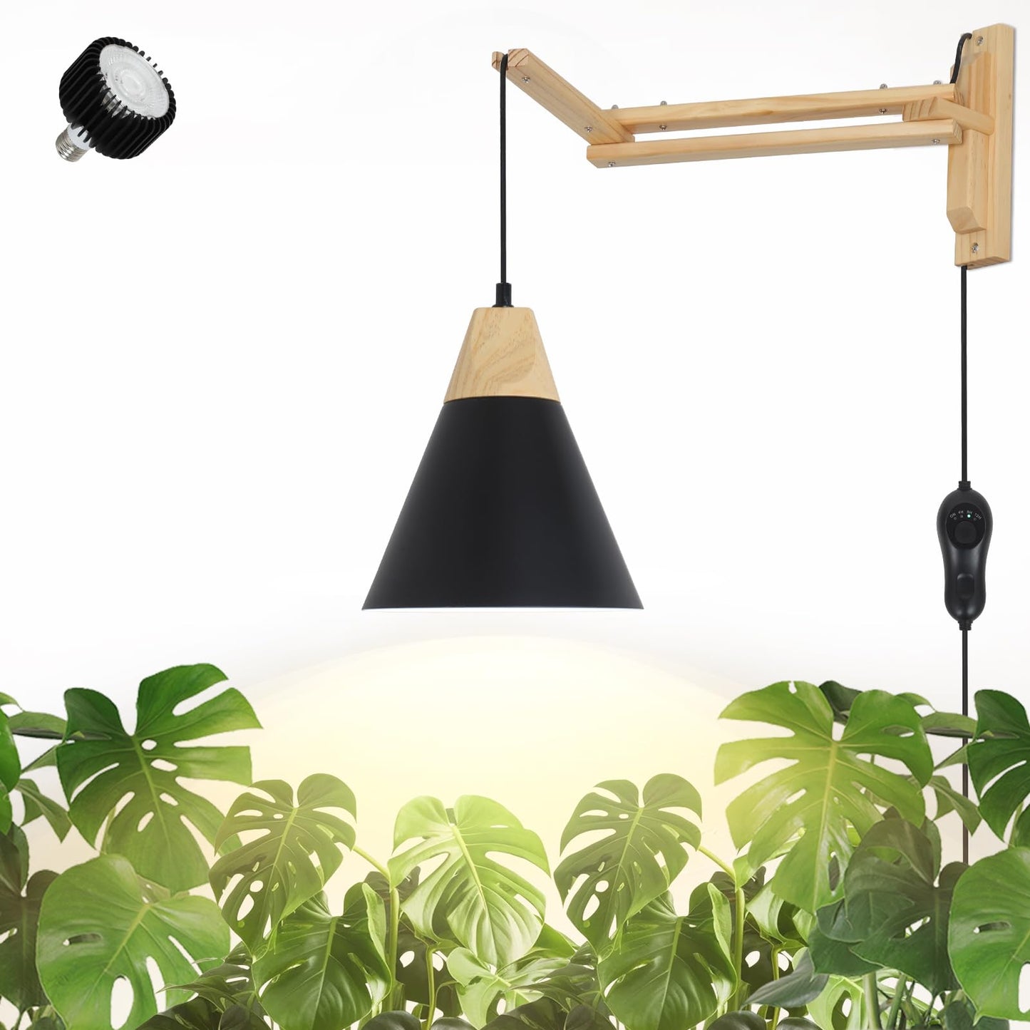 HMVPL Hanging Grow Lights for Indoor Plants Full Spectrum, Plant Light for Indoor Growing with 20W COB Grow Light Bulb, Wall Mounted Grow Light with Swing Arm, 4/8/12H Timer for Large Small Plant