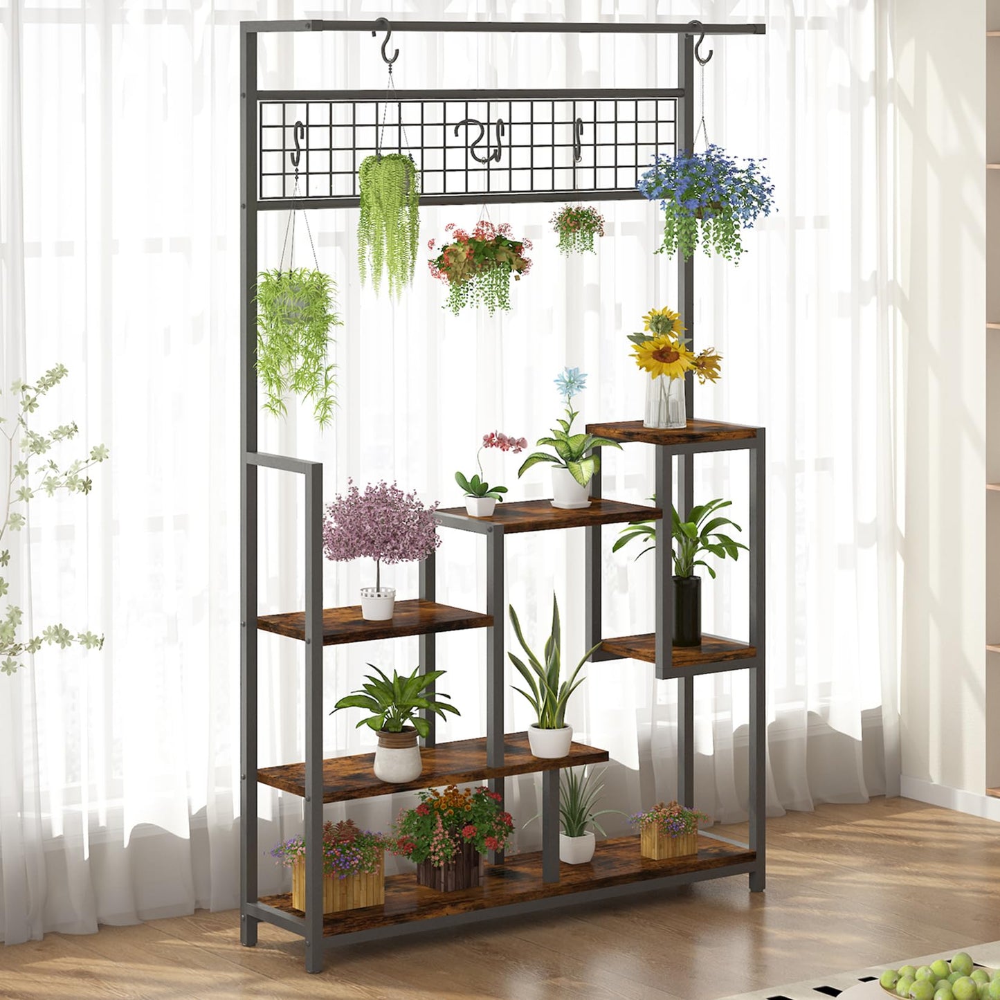 GarveeLife Plant Shelf with Grow Light, Tall Plant Stand Indoor, 7 Tiered Large Metal Shelf with Hanging Hooks, Multi-Purpose Display Rack, Flower Bonsai Pots Organizer for Balcony, Living Room