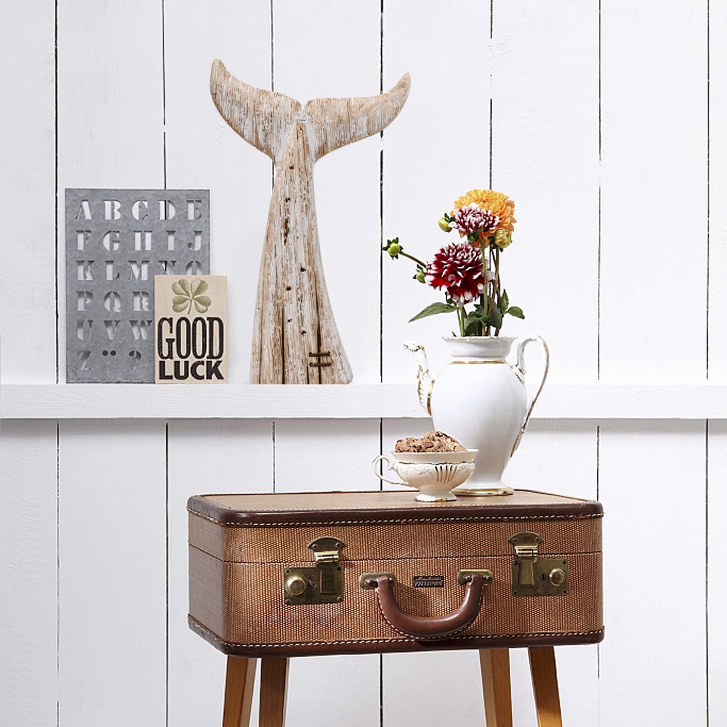 E-view Wood Whale Statue Wooden Nautical Decor for Home - Antique Fish Figures Decoration Animal Statues Beach Themed Wall Art (Whale Tail Figurine)