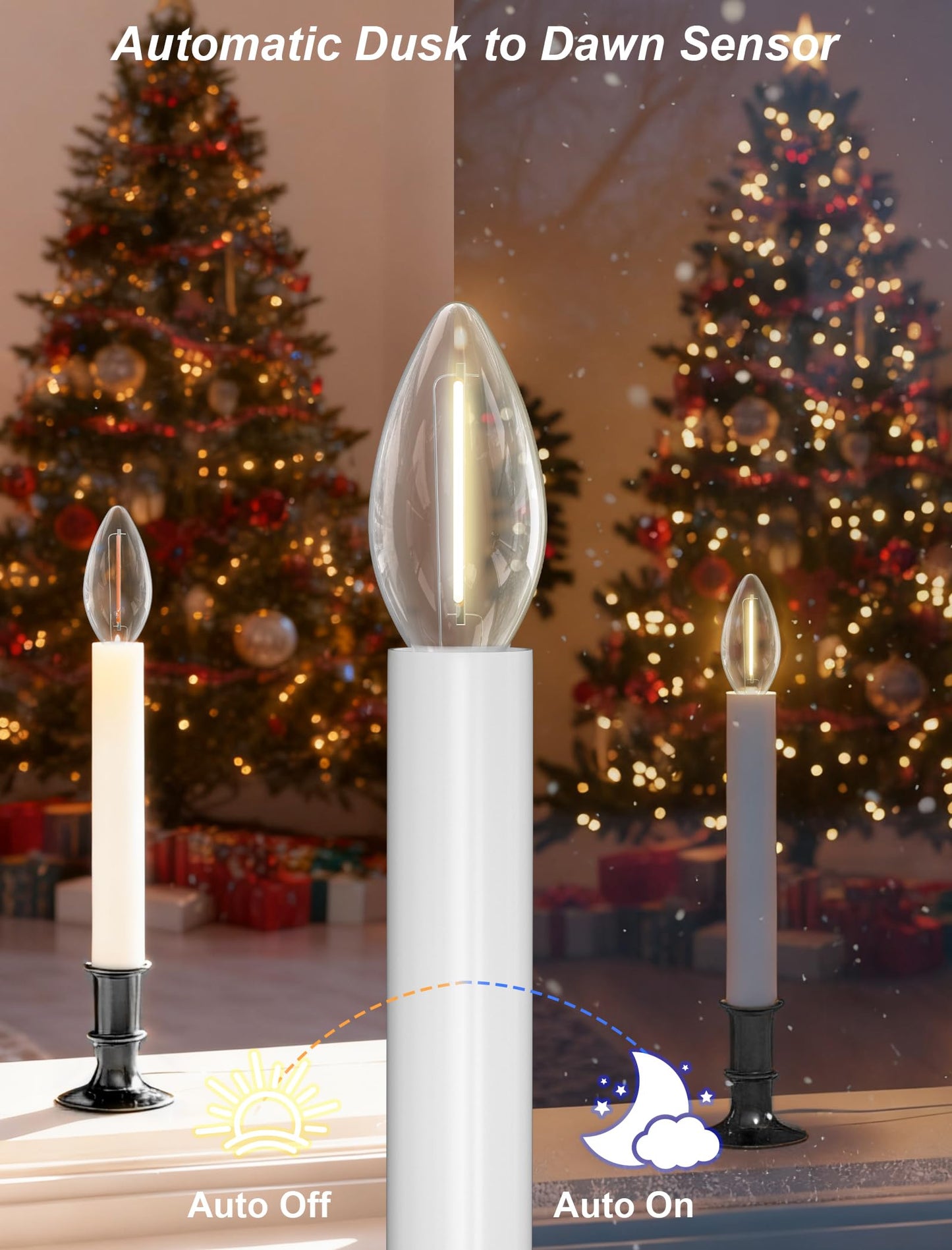 Romasaty 4 Pack Electric Window Candles with Sensor Dusk to Dawn, Christmas Window Candles Bronze Plated Base, 9 Inch Candle Lights with 0.6W LED E12 Bulbs for Indoor Christmas Table Decor