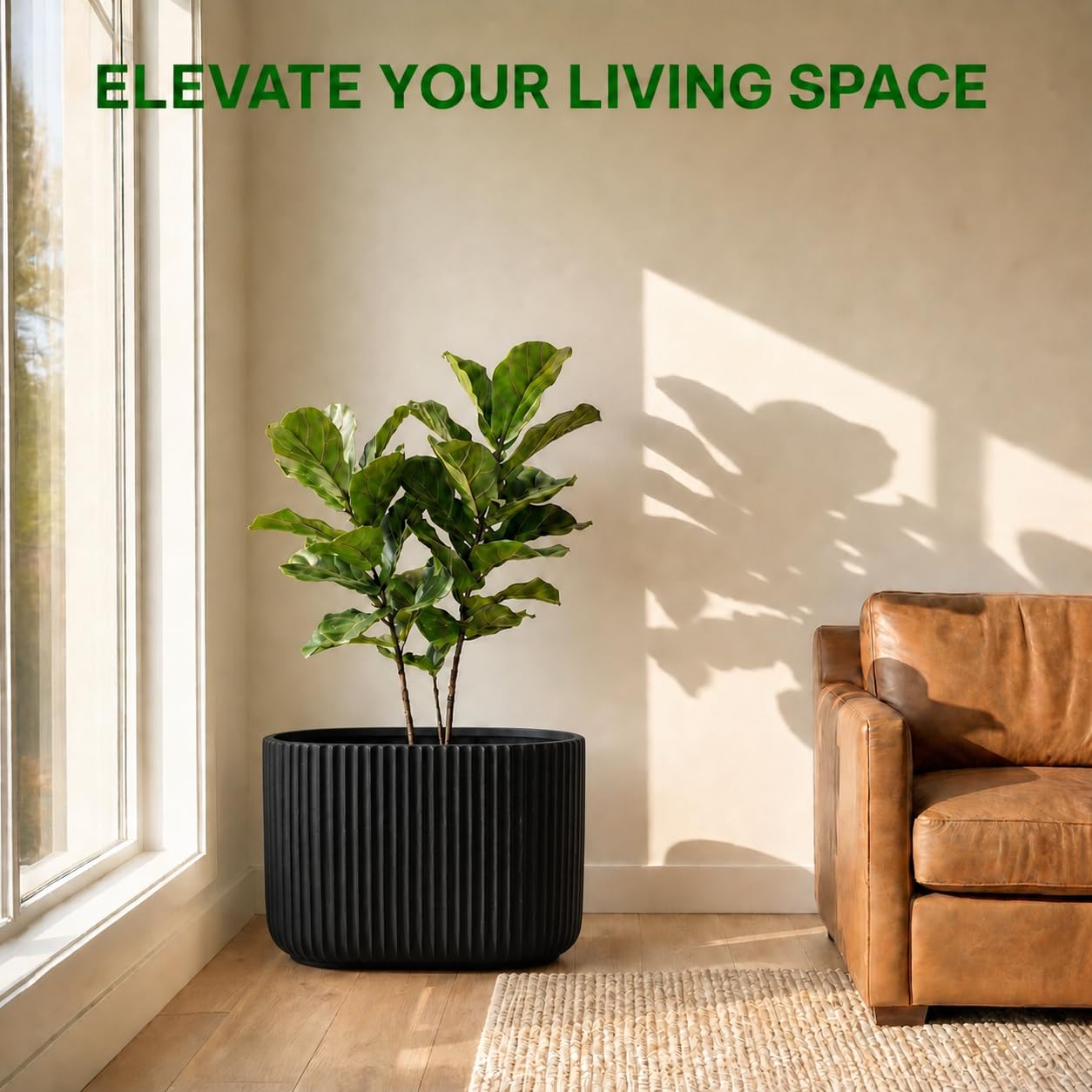 Wil & Vic 89s 15" H x 24" L Sirius Fiberglass Planter, Round Indoor and Outdoor Plant Pot with Drainage Hole, Lightweight, Durable Minimalist Home, Included Extra Coco Mats, Black