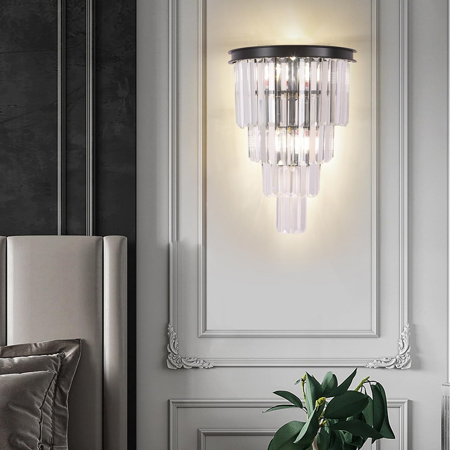 DOYFDOX Black Crystal Wall Sconce, Modern 4-Tiers K9 Clear Crystal Wall Light Bedside Wall Mount Lamp for Living Room Bedroom Mirror Dining Room Hallway Foyer Lighting Fixture