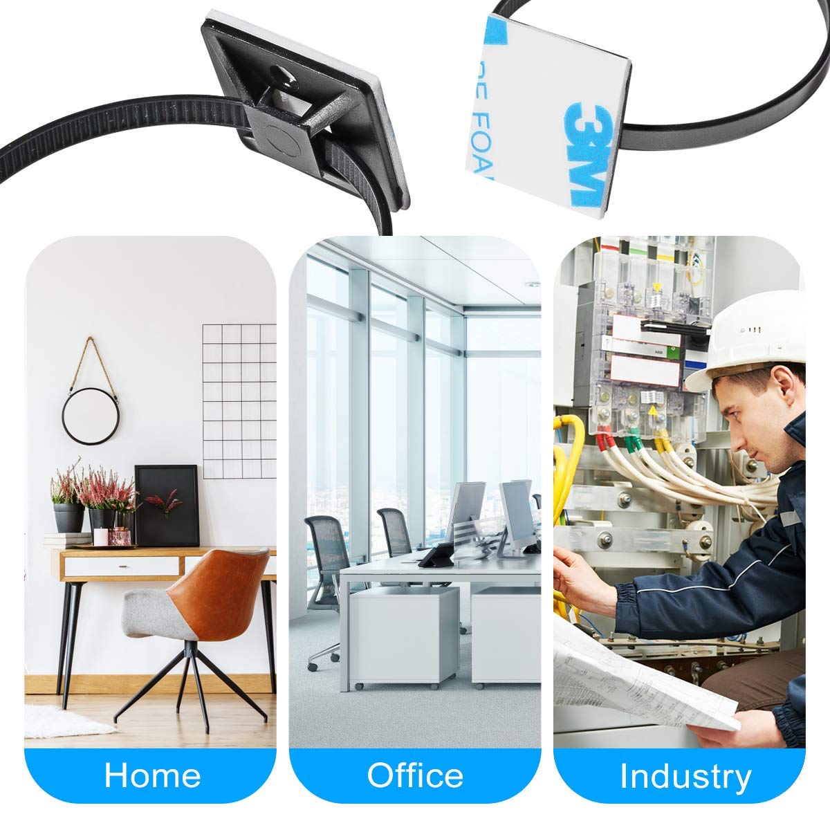 XHF 3/4" Strong Back-Glue Self Adhesive Black Cable Zip Tie Mounts 100pcs with 8" Zip Ties, Screws, UV Protection Outdoor Sticky Wire Fasteners Cable Clips Management Anchors Organizer Holders Squares