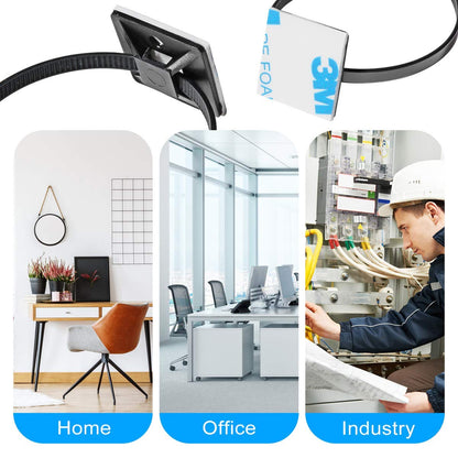 XHF 3/4" Strong Back-Glue Self Adhesive Black Cable Zip Tie Mounts 100pcs with 8" Zip Ties, Screws, UV Protection Outdoor Sticky Wire Fasteners Cable Clips Management Anchors Organizer Holders Squares