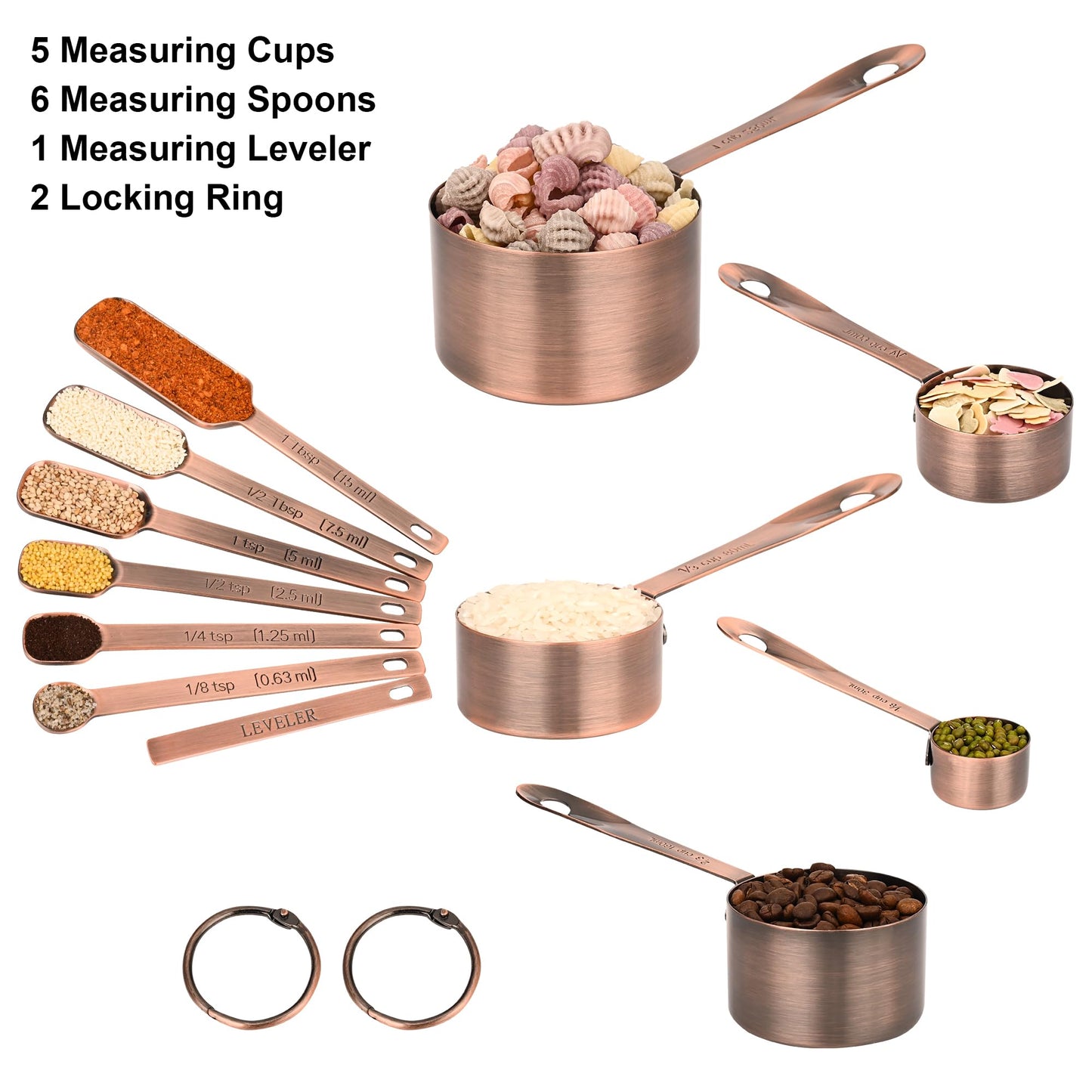Nstezrne Copper Measuring Cups and Spoons Set, Stainless Steel Measuring Cups and Spoons Set 12, Metal Measuring Cups Set, 5 Measuring Cup Set and 6 Copper Measuring Spoons &Leveler for Kitchen