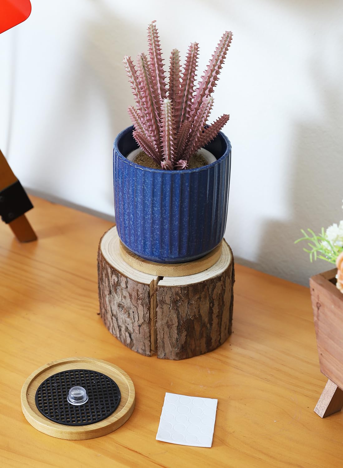 BABALIU 4 Inch Ceramic Plant Pots with Saucer & Drainage Hole, Cylinder Reactive Glaze Blue Vertical Stripes Planters with Trays for Herbs, Cactus, Flower, Small Snake Plants, Succulents, Set of 4