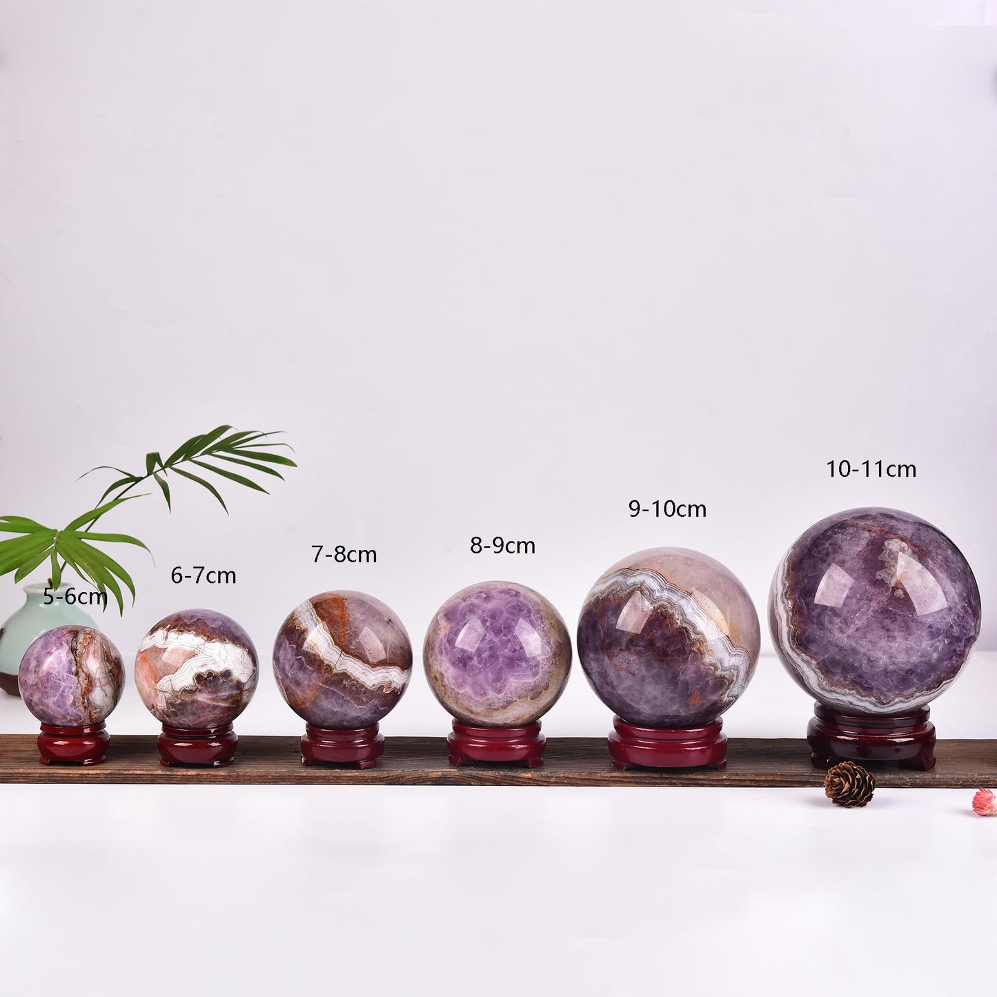 JIC Gem Amethyst Agate Crystal Ball with Wooden Stand Pink Healing Crystal Sphere Ball for Feng Shui Decor Spiritual Gifts 60-70mm