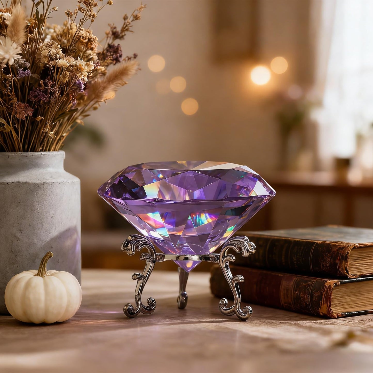 MysticGlitz Purple Crystal Diamond Centerpiece, 3.15 Inch Large Fake Diamond Prism with Silver Base for Wedding Table Decor Home Decoration Glass Jewel Rainbow Effect
