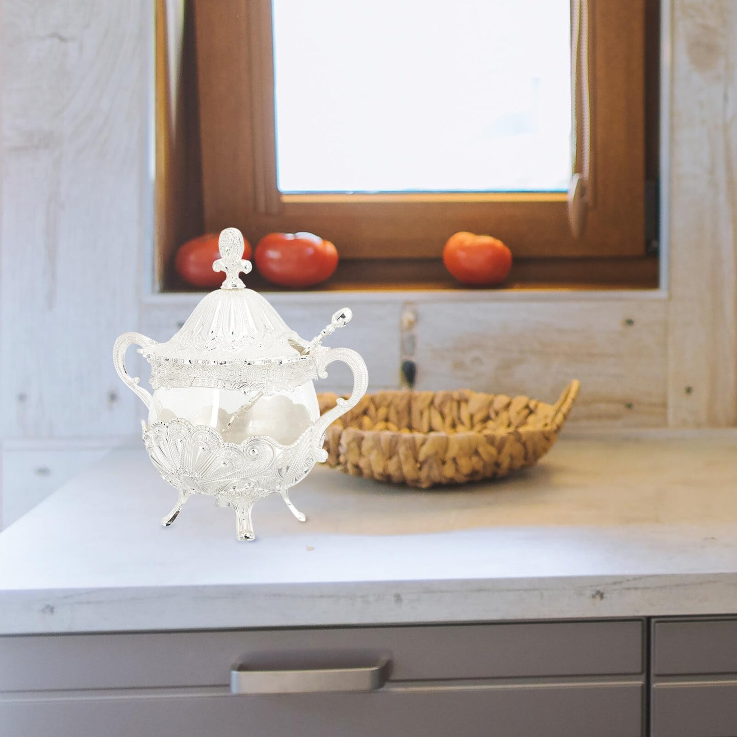 Kichvoe European Style Seasoning Jar with Lid Large Capacity Glass Sugar Bowl Condiment Container for Salt Pepper Kitchen Dining Home Restaurant