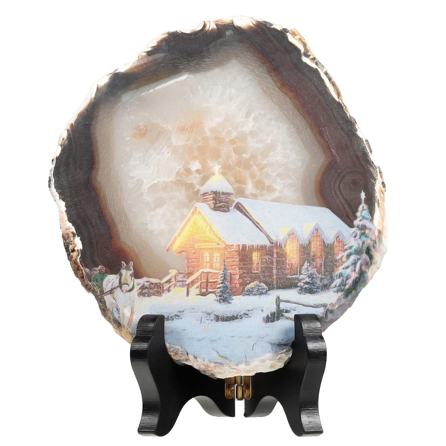 TUMBEELLUWA Natural Irregular Agate Slice Painting Decor with Wooden Stand Agate Geode Slab for Desk Hallway, Horse Walking in Snowy Night