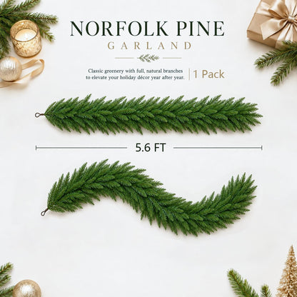 FesNiva 1 Pack Artificial Norfolk Pine Garland, Winter Greenery Garland for Christmas Decorations, Ideal for Mantle, Table, Fireplace, Home and Holiday Decor (5.6 FT)