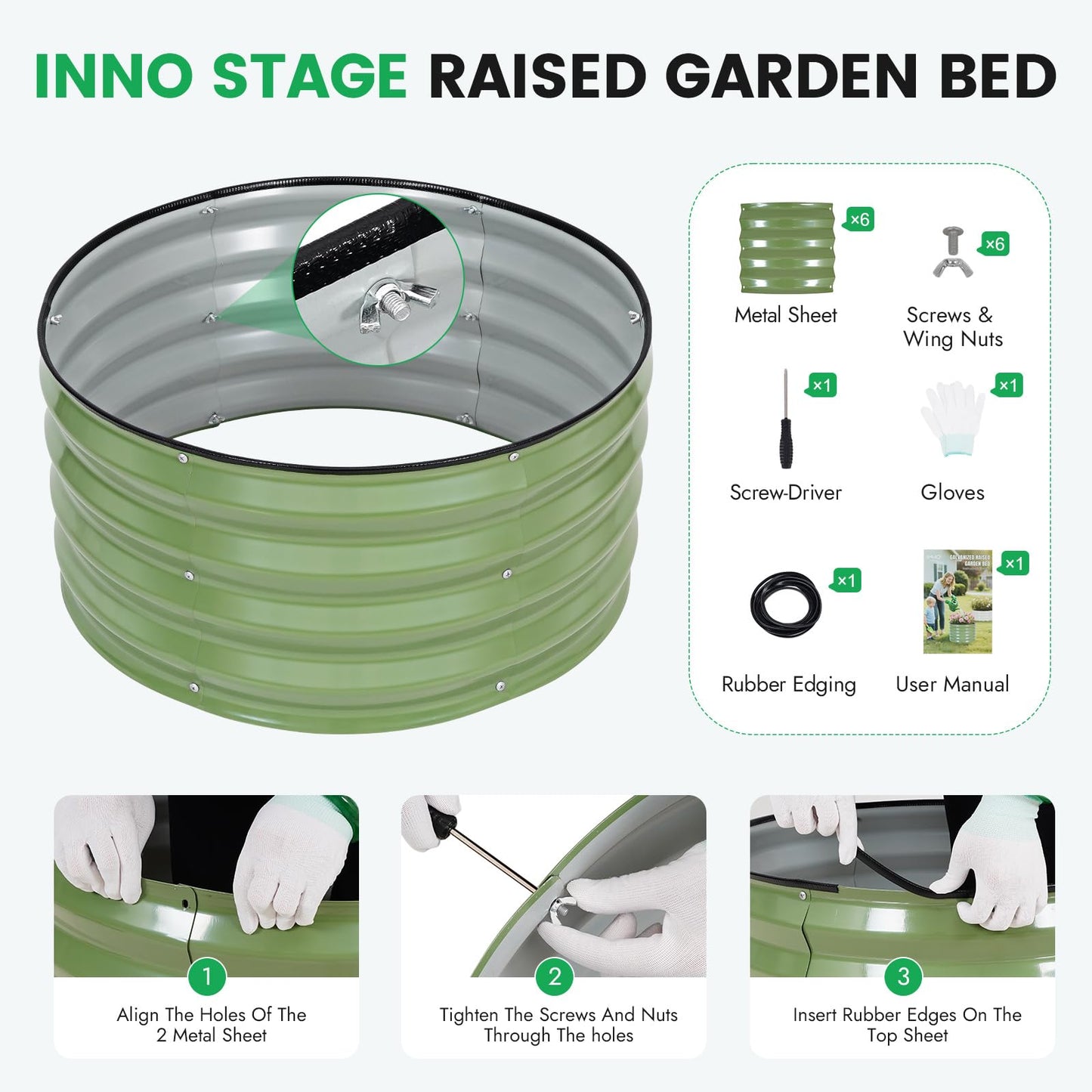 INNO STAGE 3 Pcs Round Galvanized Raised Garden Bed — 2×2×1ft Planter Box Outdoor Raised Beds Kit for Gardening Vegetables, Fruits, Herbs, and Flowers, Olive Green