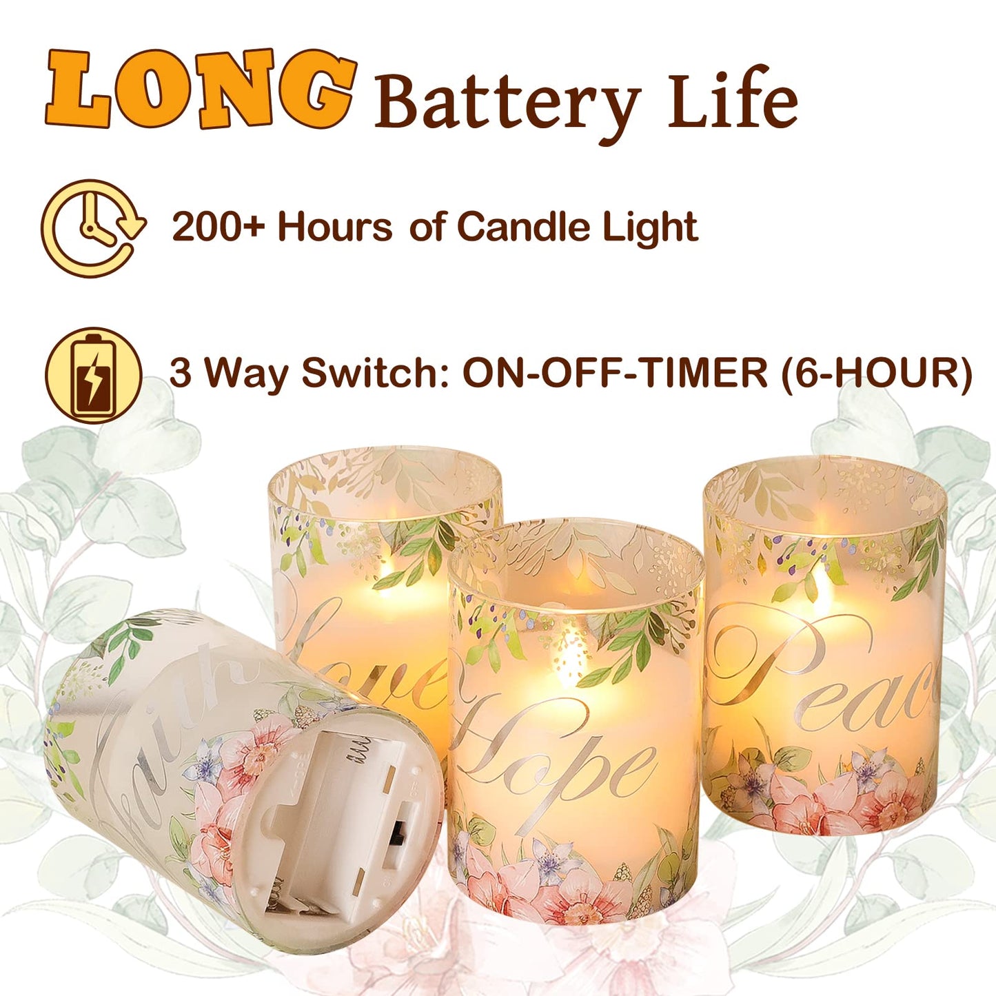 Silverstro Christmas Flameless Candles Glass Flickering Real Wax Floral LED Candles with Remote - Home Party Room Botanical Holiday Decor Set of 4