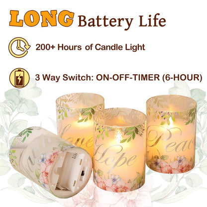 Silverstro Christmas Flameless Candles Glass Flickering Real Wax Floral LED Candles with Remote - Home Party Room Botanical Holiday Decor Set of 4