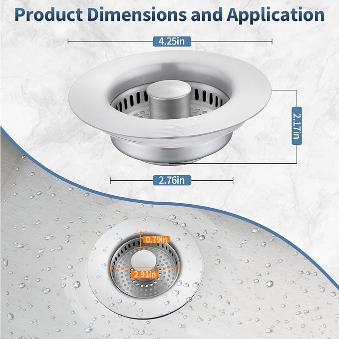 Sink Drain Strainer, Stainless Steel 3-in-1 Pop-up Sink Stopper