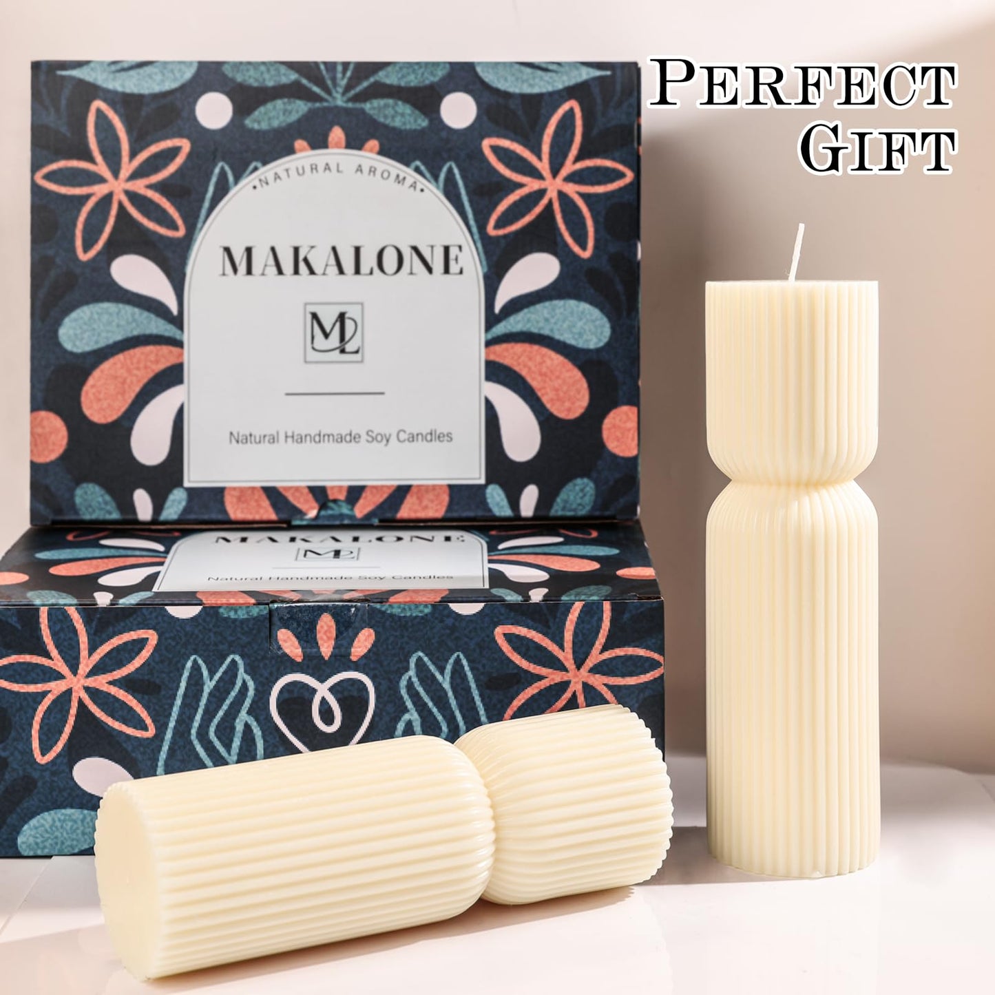 Aesthetic Sandalwood Scented Candles,Ribbed Pillar Candle Set of 2 (7.87" & 9.05" Tall), Natural Soy Wax Minimalist Geometric Decor, Modern Fluted Sculptural Candles for Home,Shelf, Mantel & Gift