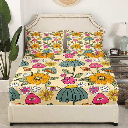 70s Retro Floral Fitted Sheet Set Full Size 4pcs,Hippie Flowers Leaves Bedding Sets(1 Fitted, 1 Flat, 2 Pillowcases) Cartoon Eyes Mushroom Luxury Deep Pocket Bed Sheets, Modern