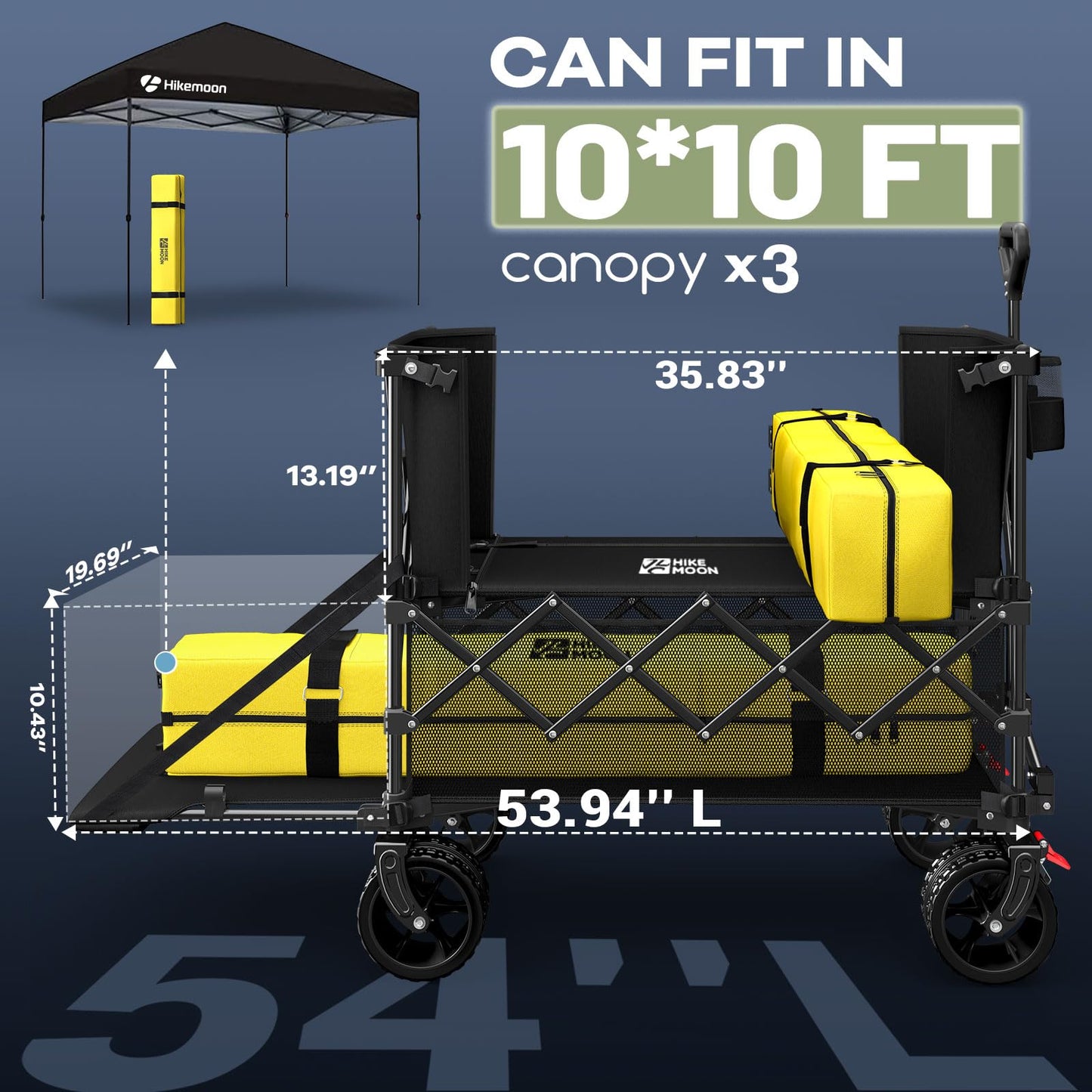 Hikemoon 400L Double Decker Wagon with Tailgate 54'' Extra Long, 560LBS Heavy Duty Wagons Carts Foldable, Big All-Terrain Wheels with Brakes, Utility Folding Cart for Beach, Camping, Sports, Black