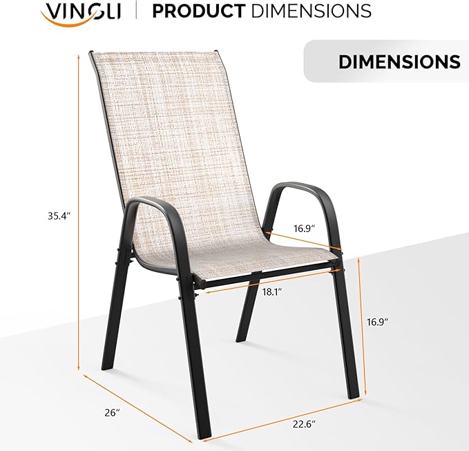 VINGLI Patio Chairs Set of 2 – Stackable Outdoor Dining Chairs with Comfortable Sling High Back Chairs and Armrests for Lawn, Poolside, Courtyard, Balcony, Garden, Yellow