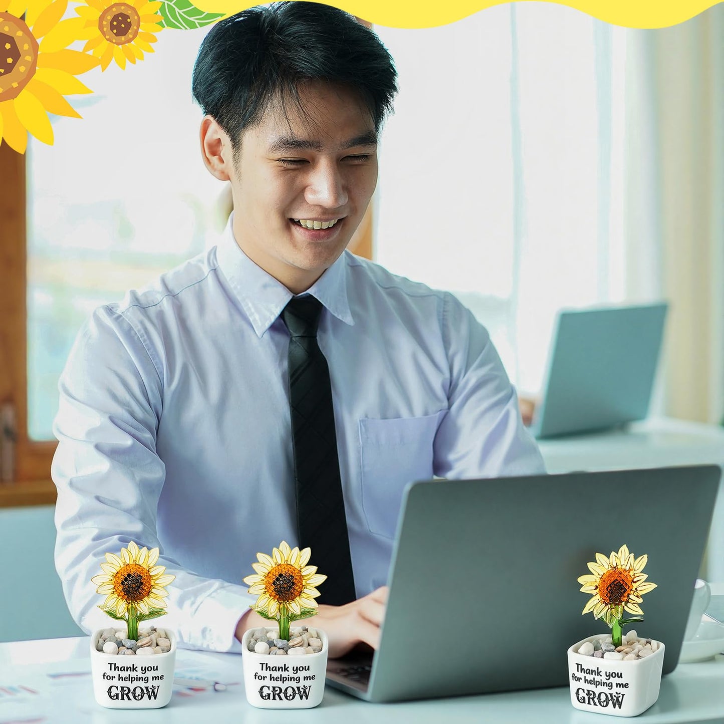 Remerry 3 Pcs Teacher Appreciation Week Gift End of Year Glass Pot Thank You for Helping Me Grow Figurine Glass Sunflower Figurine Bulk Inspirational Plant Pot for Teacher Table Decor