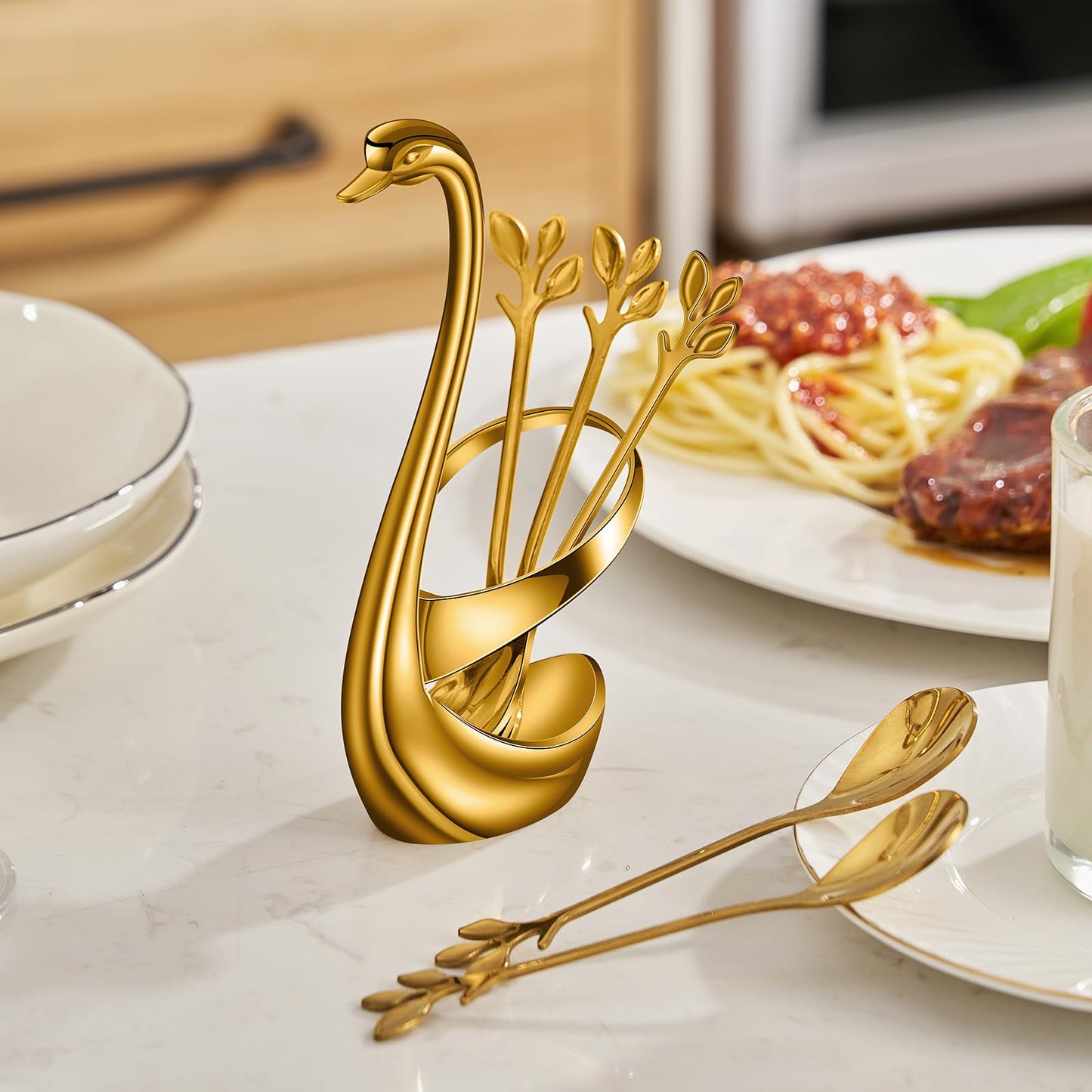 AnSaw Gold Swan Base With 10-Pcs Mini Leaf Coffee Spoon Holder Set - 4.7"