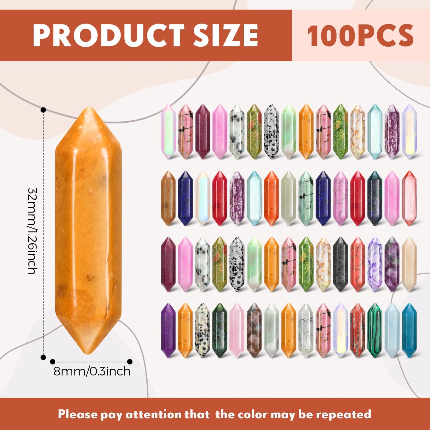Nuenen 100 Pcs Healing Crystals Stones Sets, Hexagonal Bullet Shaped Wand Stones Bulk Gemstone Amethyst Chakra Crystals for Witchcraft Meditation Divination Fathers Day Gifts Women