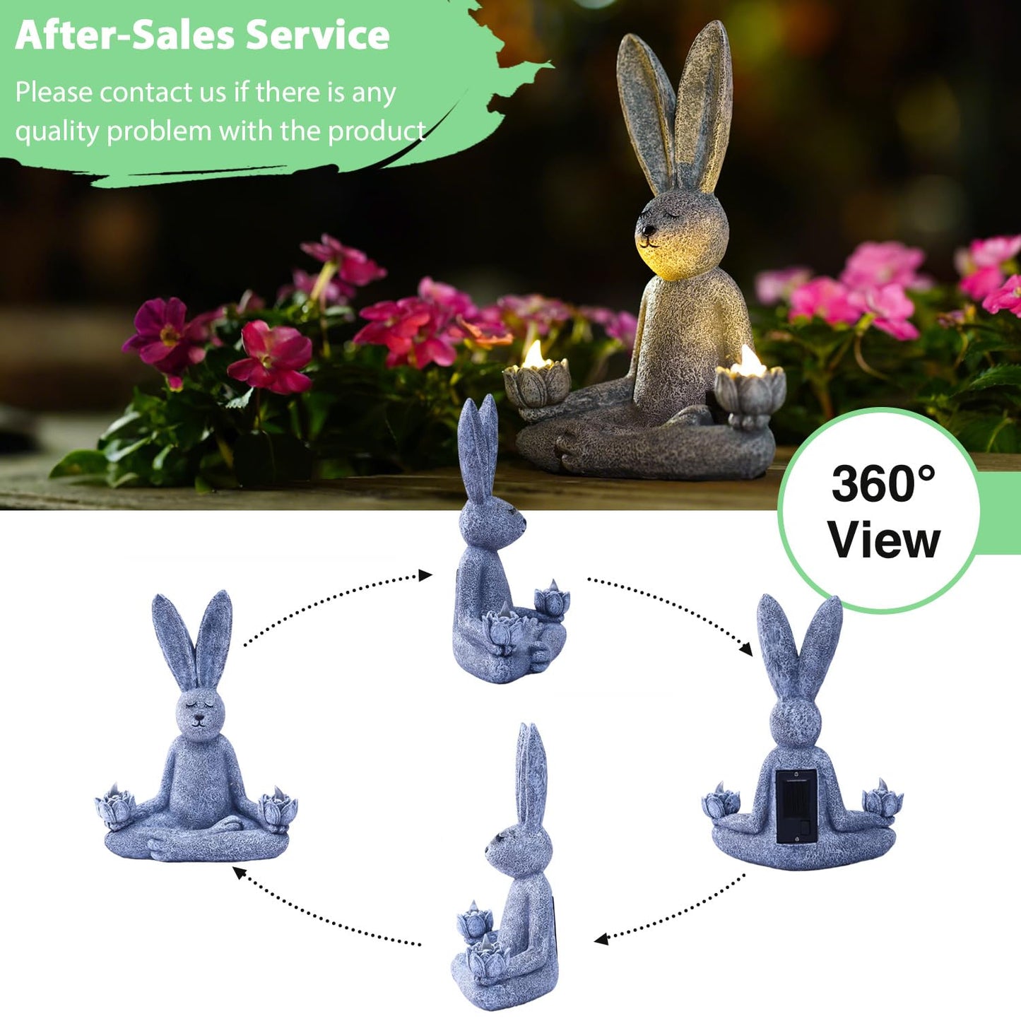 Goodeco Zen Rabbit Statue with Solar Lotus - Garden Yoga Bunny with LED Solar Lotus Lights, Sitting Meditating Buddha Rabbit Serene Resin Figurine for Patio Yard Lawn Ornaments, Home or Outside
