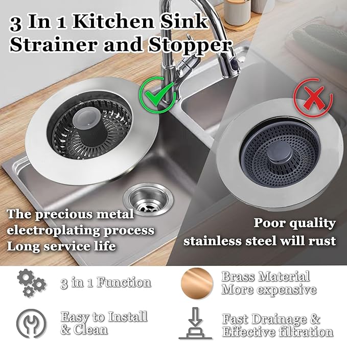 3 in 1 Kitchen Sink Stopper, Pop Up Kitchen Sink Drain Strainer,