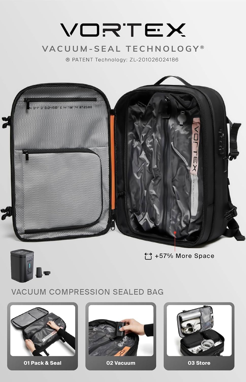 BlackVoyage Vortex Vacuum Seal Travel Backpack 60L Expandable Air Compression System Water Resistant TSA Lock Carry-On Suitcase Luggage Gray AERO - Vacuum Pump Included
