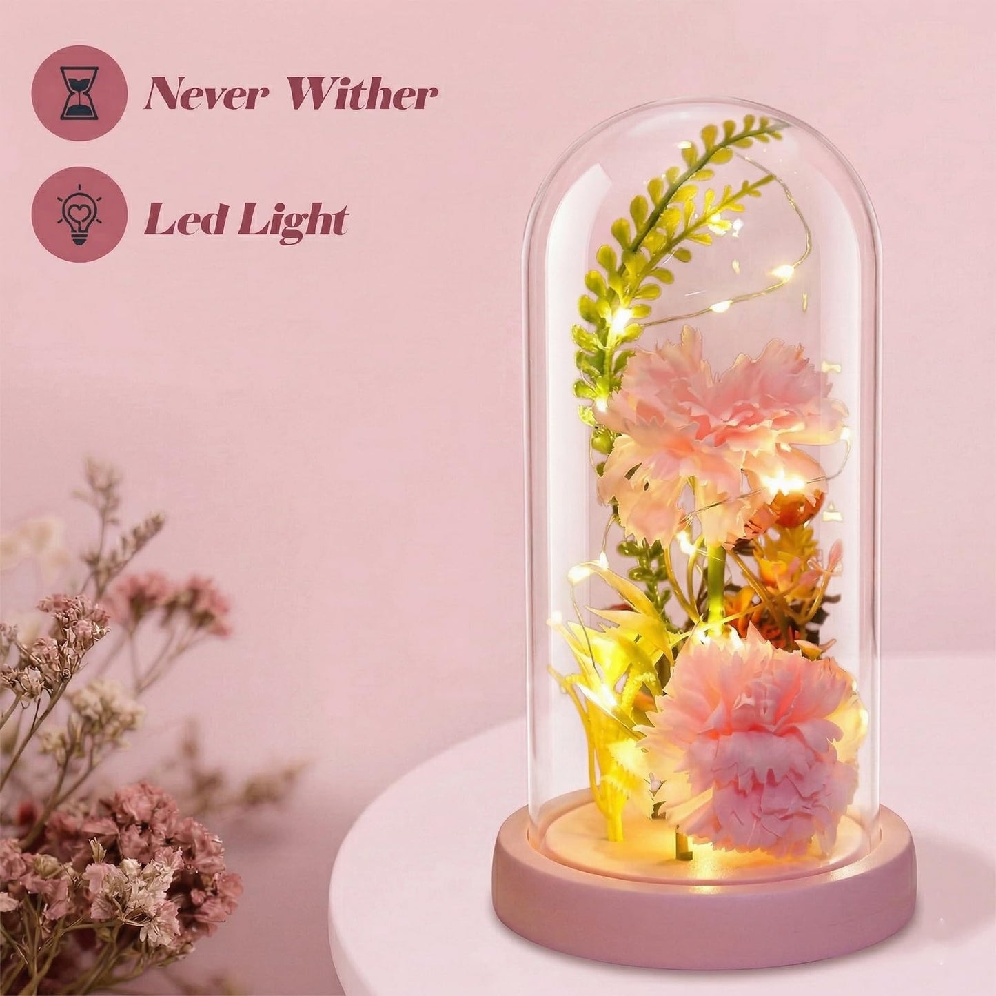 Strackvial Galaxy Glass Carnation Forever Preserved Flower with Light, Valentines Day Birthday Gift for Women, Mom, Wife, Girlfriend, Light Up Carnation in Glass Dome for Mothers Day