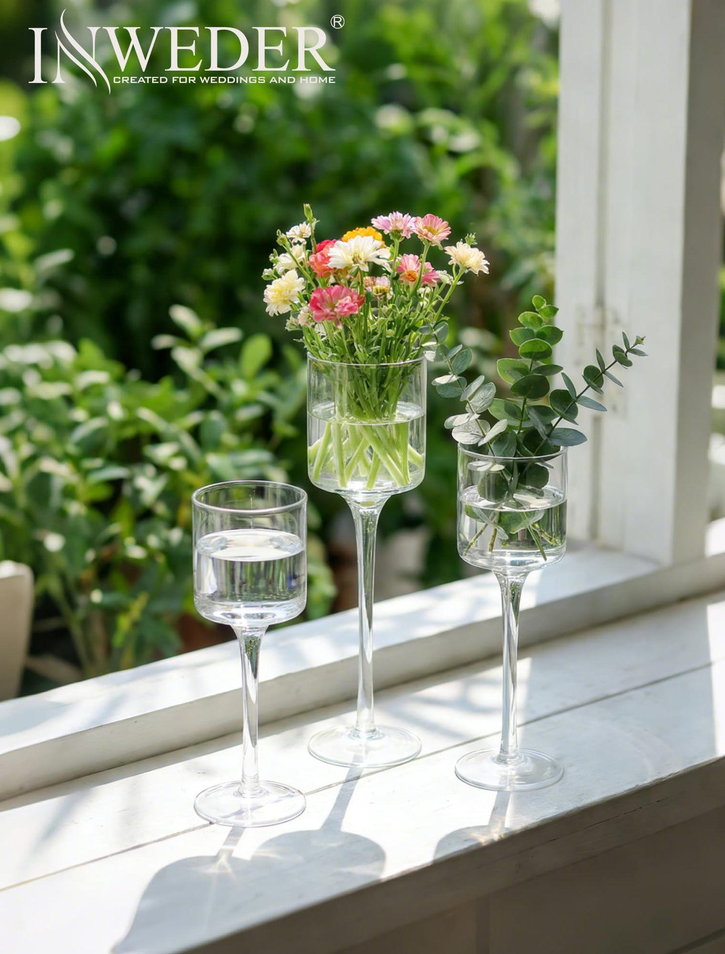 Inweder Tall Glass Candle Holder: Long Stem Floating Candle Holders for Tealight Votive and Pillar Large Clear Centerpieces for Wedding Table Party Home Set of 3