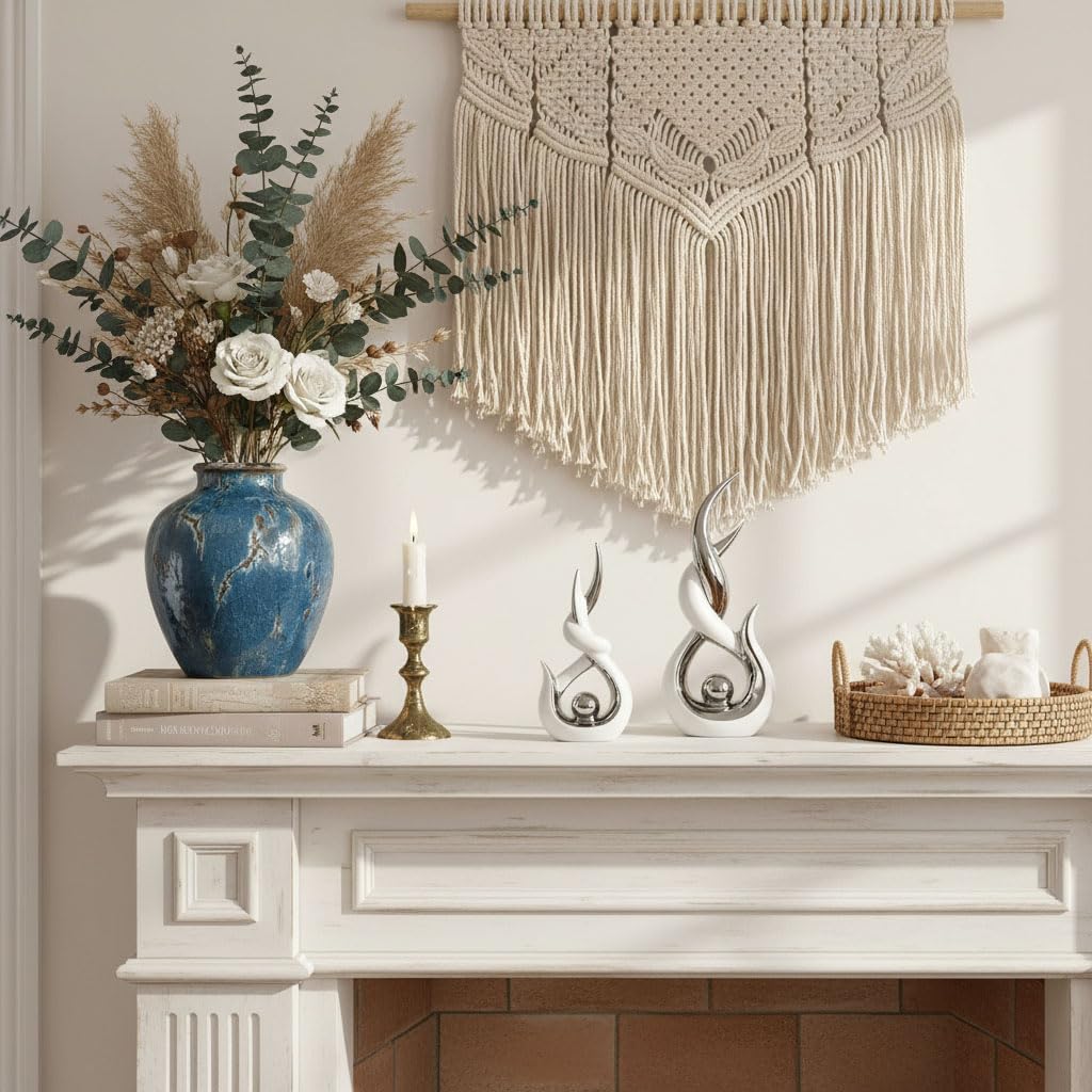 White Silver Ceramic Abstract 2 Piece Statue Set,Mid Century Modern Abstract Art Home Decor Statue Mantelpiece on Unique Shelf Decor, TV Cabinet Divider Table top and Dining Table Centerpiece