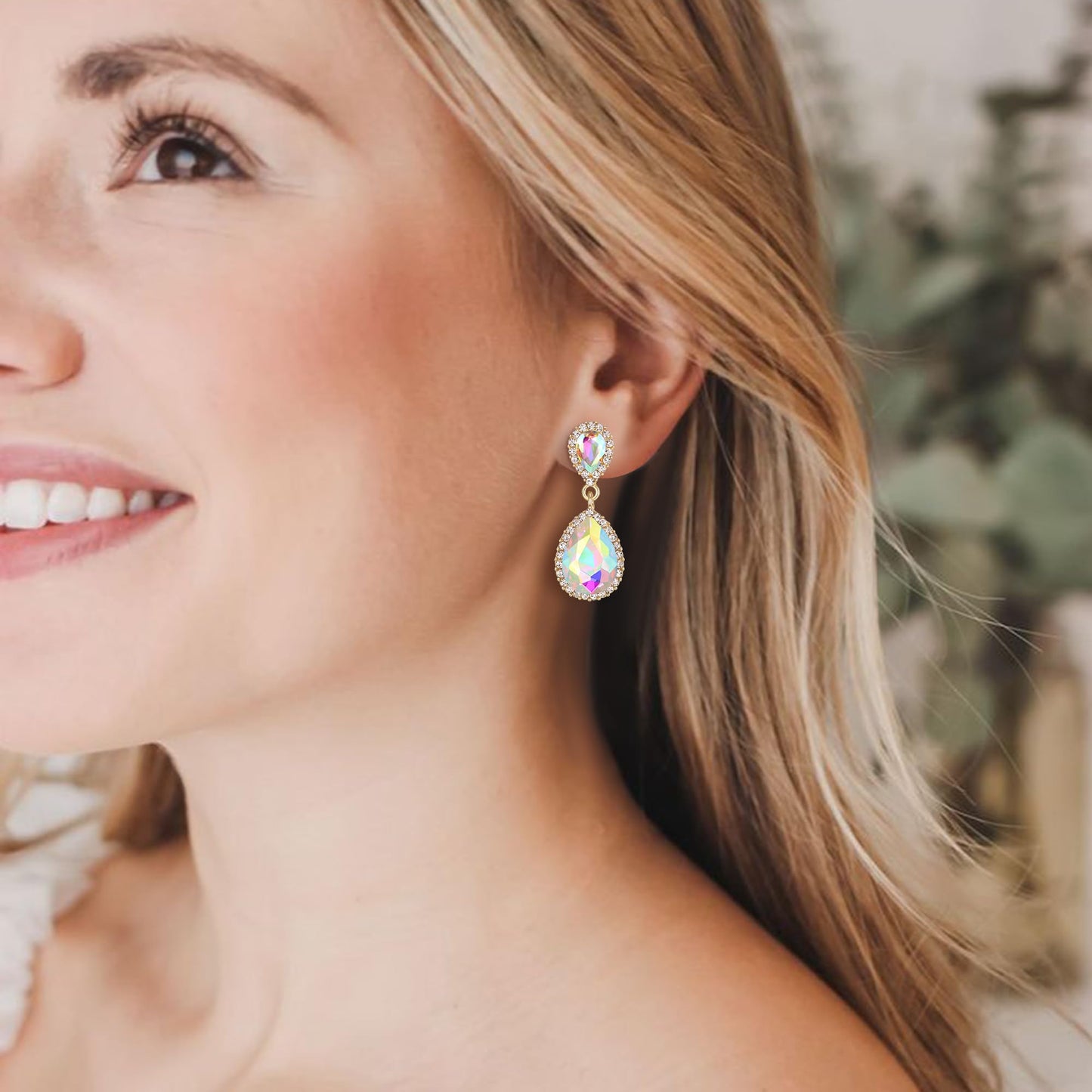 EVER FAITH Women's Austrian Crystal Wedding Tear Drop Dangle Earrings Iridescent AB Gold-Plated-Base