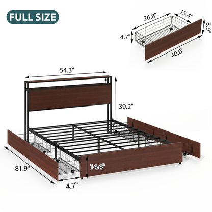 Zevemomo Full Size Bed Frame with 4 Storage Drawers, Full Platform Bed Frames with 2 Tier Storage Headboard, Charging Station, Adjustable LED Light, Noise-Free, No Box Spring Required, Reddish Brown