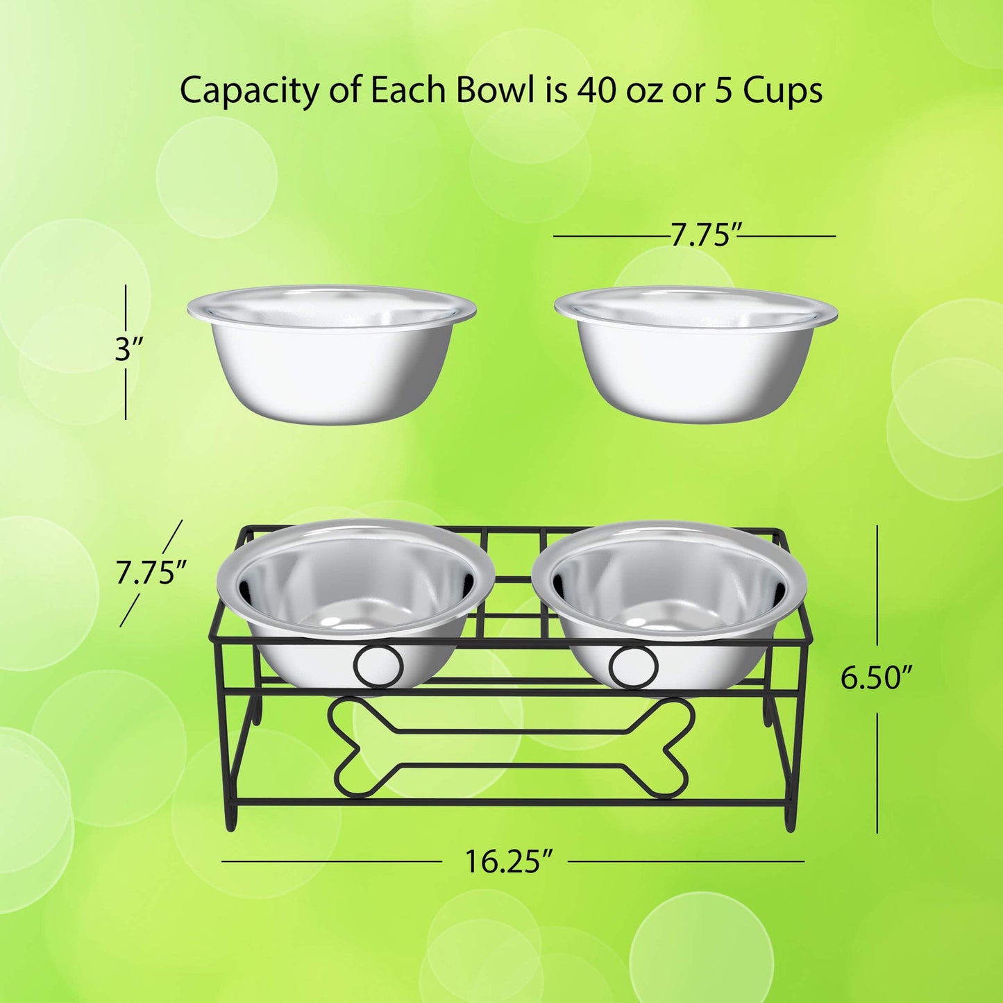 PETMAKER Elevated Dog and Cat Bowls - Decorative 6.5-Inch-Tall Raised Stand with 2 Stainless-Steel Food and Water Bowls - Hold 40oz Each by (Black)