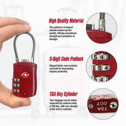 Zoofen 2 Pack Cable Luggage Locks TSA Approved,3-Digit Combination Lock with Alloy Body,TSA Accepted Padlock for Luggage/Suitcase/Backpack/Lockers/Bags/Gym(ZJY-821,Red)