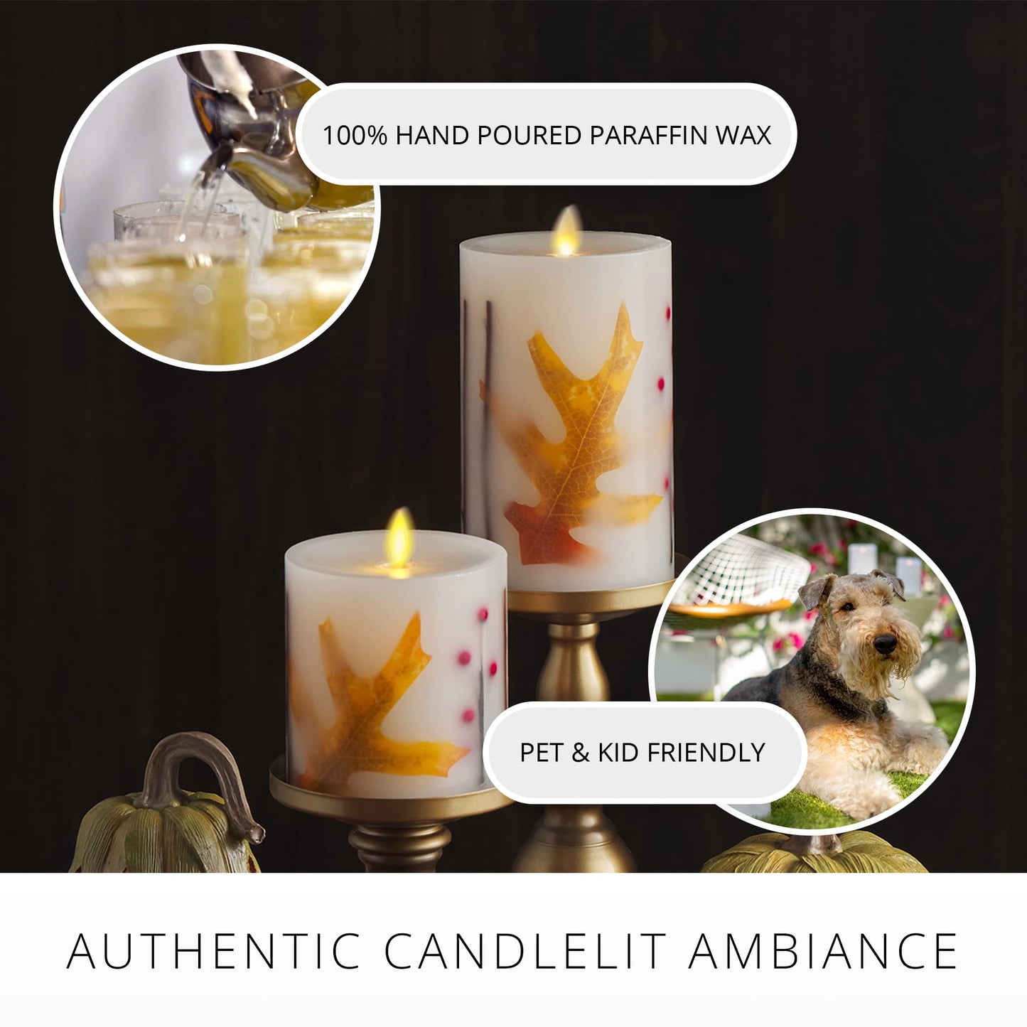 Luminara Embedded Flameless LED Candle - Orange Leaf 3.5" x 4.5" - Moving Flame Pillar, Battery Operated Timer, Real Wax, Unscented, Safe