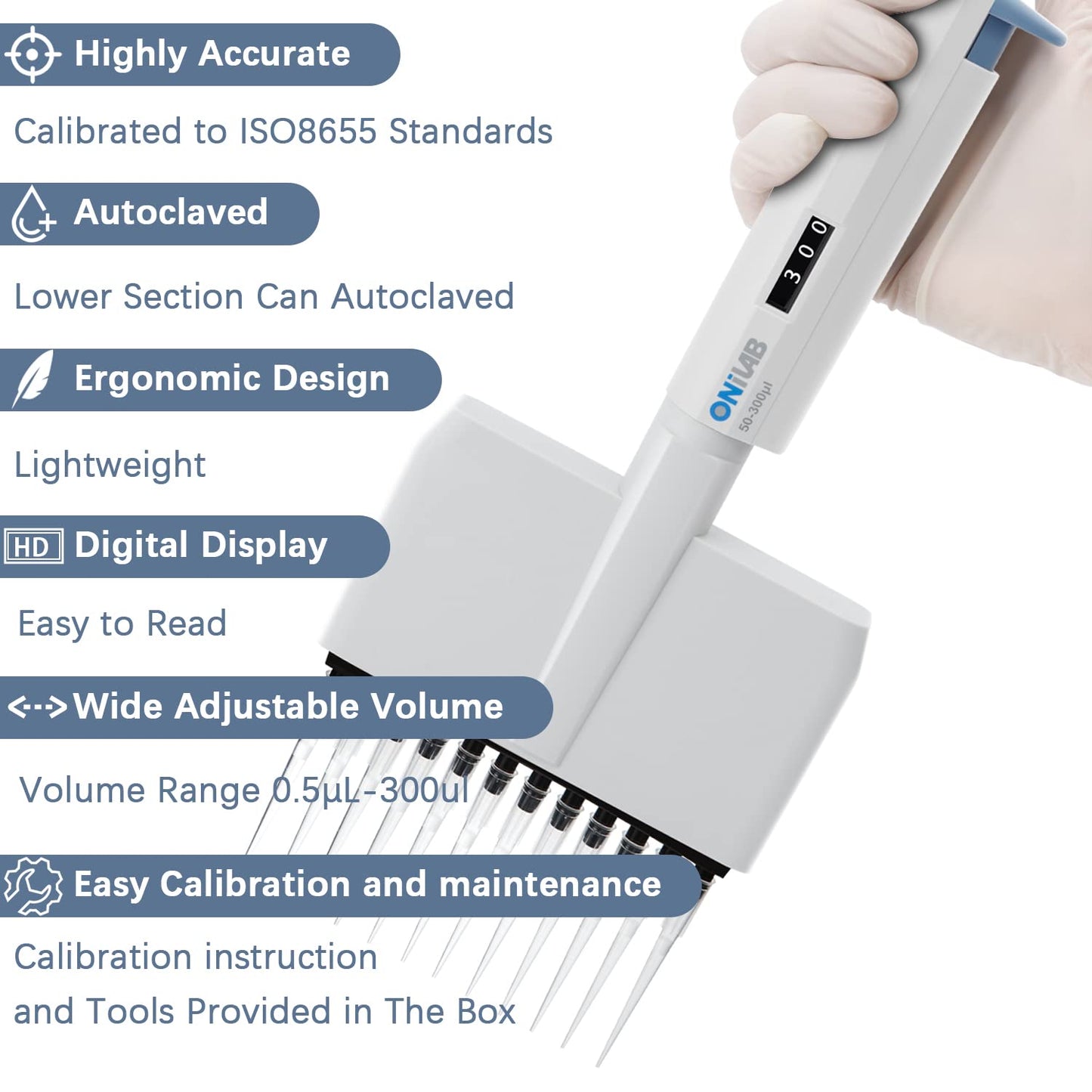 ONiLAB Lab Micropipette, Adjustable Volume 12-Channel Multichannel Pipettors, 50-300μl