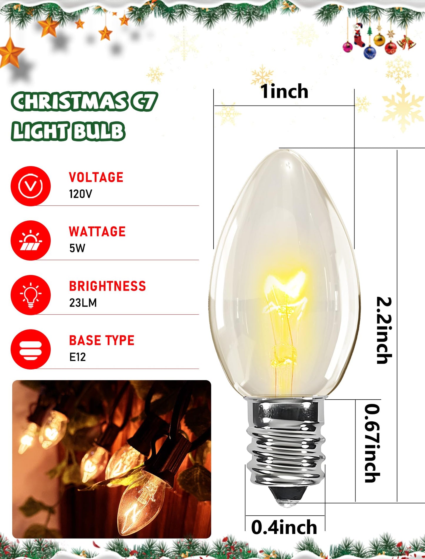 50 Pack C7 Warm White Incandescent Light Bulbs, C7 Clear Replacement Bulbs for Outdoor Patio String Lights, 5 Watt Night Lights for Valentine's Day Christmas Holiday Wedding, E12 Candelabra Base