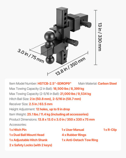 VEVOR Adjustable Trailer Hitch, Fit 2.5 Inch Receiver, Trailer Hitch Mount with 2 Inch & 2-5/16 Inch Balls, 21000 lbs GTW, 9 Inch Drop, Towing Ball Mounts for RVs, Off-Road Vehicles and Trucks, Black