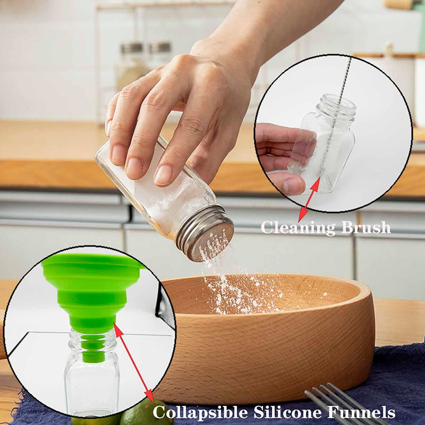 QISF 24 Pack Glass Salt and Pepper Shaker Set with Brush and Foldable Funnel, 1.75" x 3.75" Clear Spice bottle for Kitchen, Restaurants, Catering