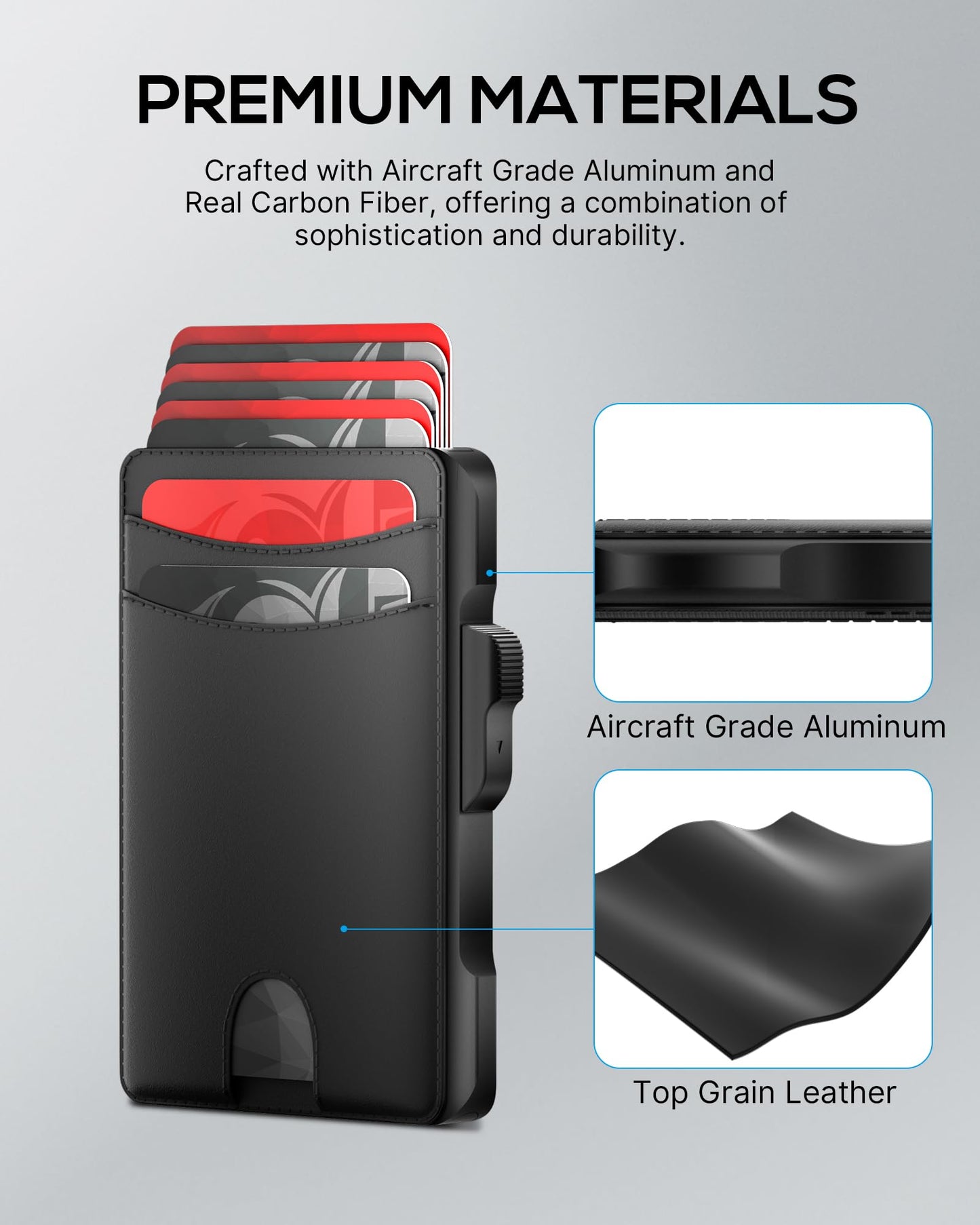 Taykos Minimalist Mens Wallet Card Holder: Pop Up Card Case, Genuine Leather, Smart, RFID Blocking, Slim, Thin, Front Pocket, Gift Box - 9-12 Card Capacitiy, Cash Pocket (Black)