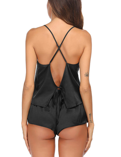 Ekouaer Silk Pajamas Set for Women Satin Backless Lingerie Pjs Cami Top and Shorts Nightwear Black