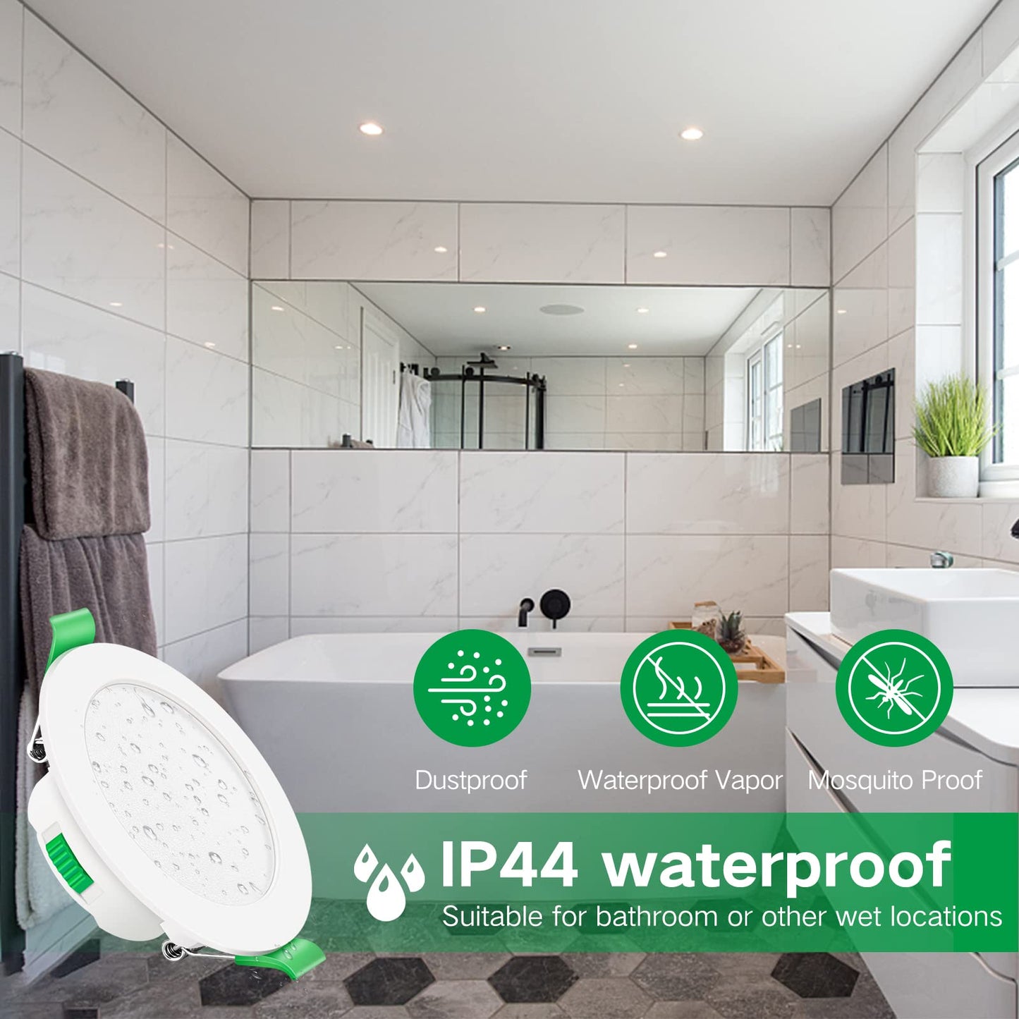 ALUSSO LED Downlights Dimmable 7W IP44 Slim Recessed Ceiling Lights, 3CCT 3000K Warm 4000K Neutral 6500K Cool Adjustable Bathroom Spotlights, White, 6 Pack