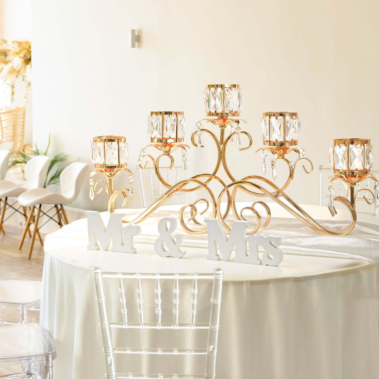 Kolnlala Large Elegant 5 Arms Crystal Bowl Tealight Candle Holder/Candelabra Crystal Votive, 5-arms Candlestick Holder for Table Centerpiece Wedding/Party Home Decor(Gold, 5-Arm)