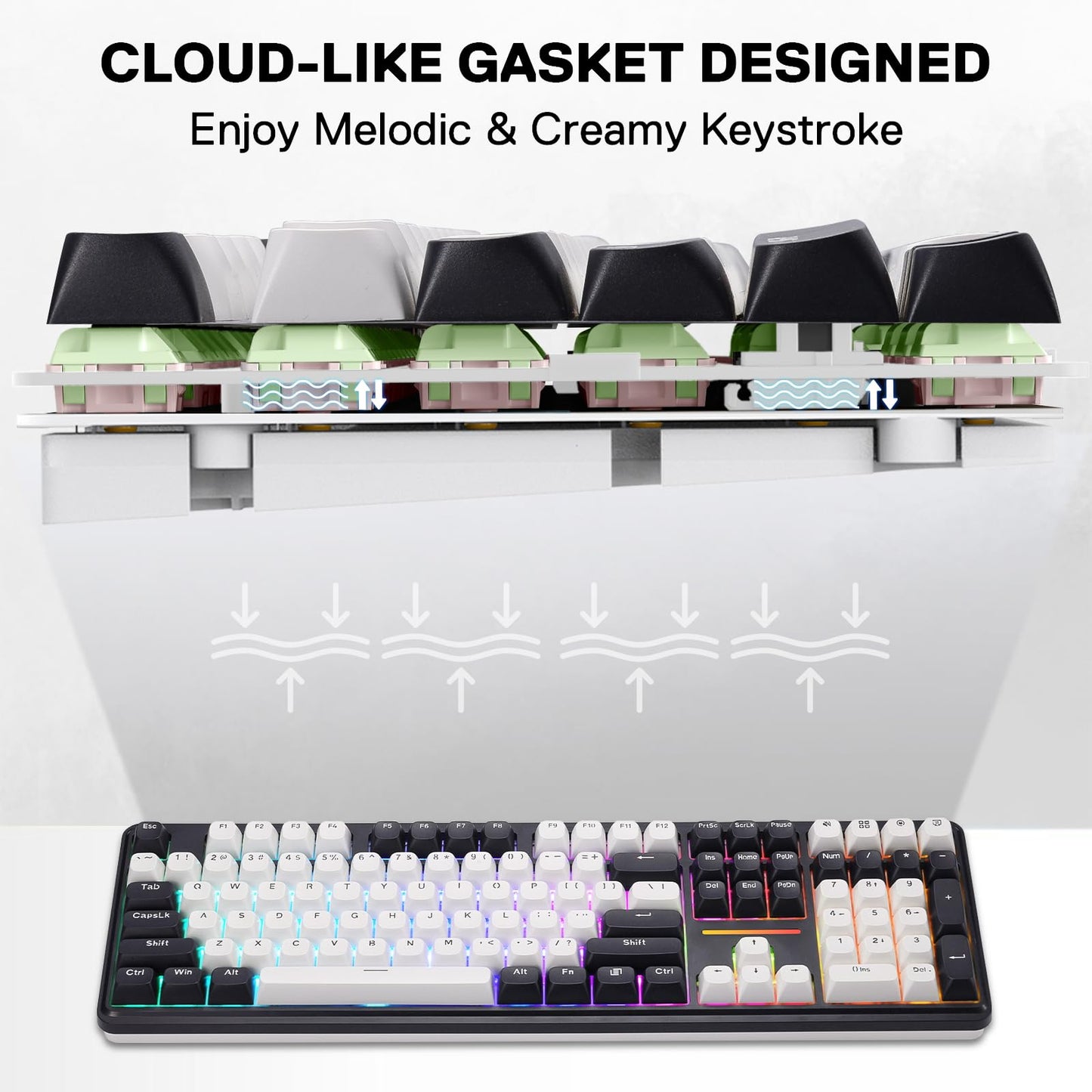 Redragon K745 PRO Wireless Gasket RGB Gaming Keyboard, 108 Keys Mechanical Keyboard w/Extra 4 Hotkeys, Hot-Swap South-Facing LED Socket, 5-Layer Noise Dampening, Round PBT Keycaps, Mint Mambo Switch