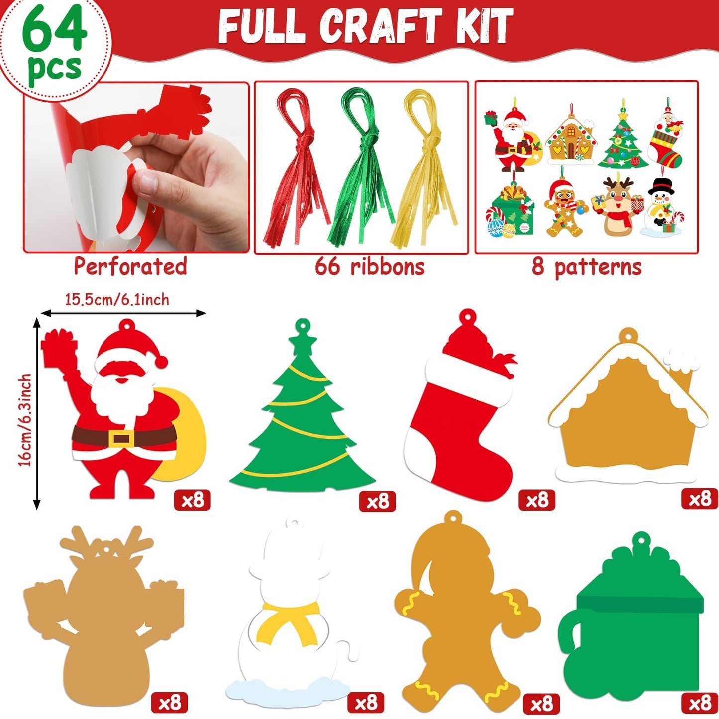Qyeahkj 64 Sets Christmas Craft Kit for Christmas DIY Art Ornaments Bulks, Make Your Own Santa Claus Tree Gingerbread House Reindeer Christmas Holiday Party Game Activity Supplies