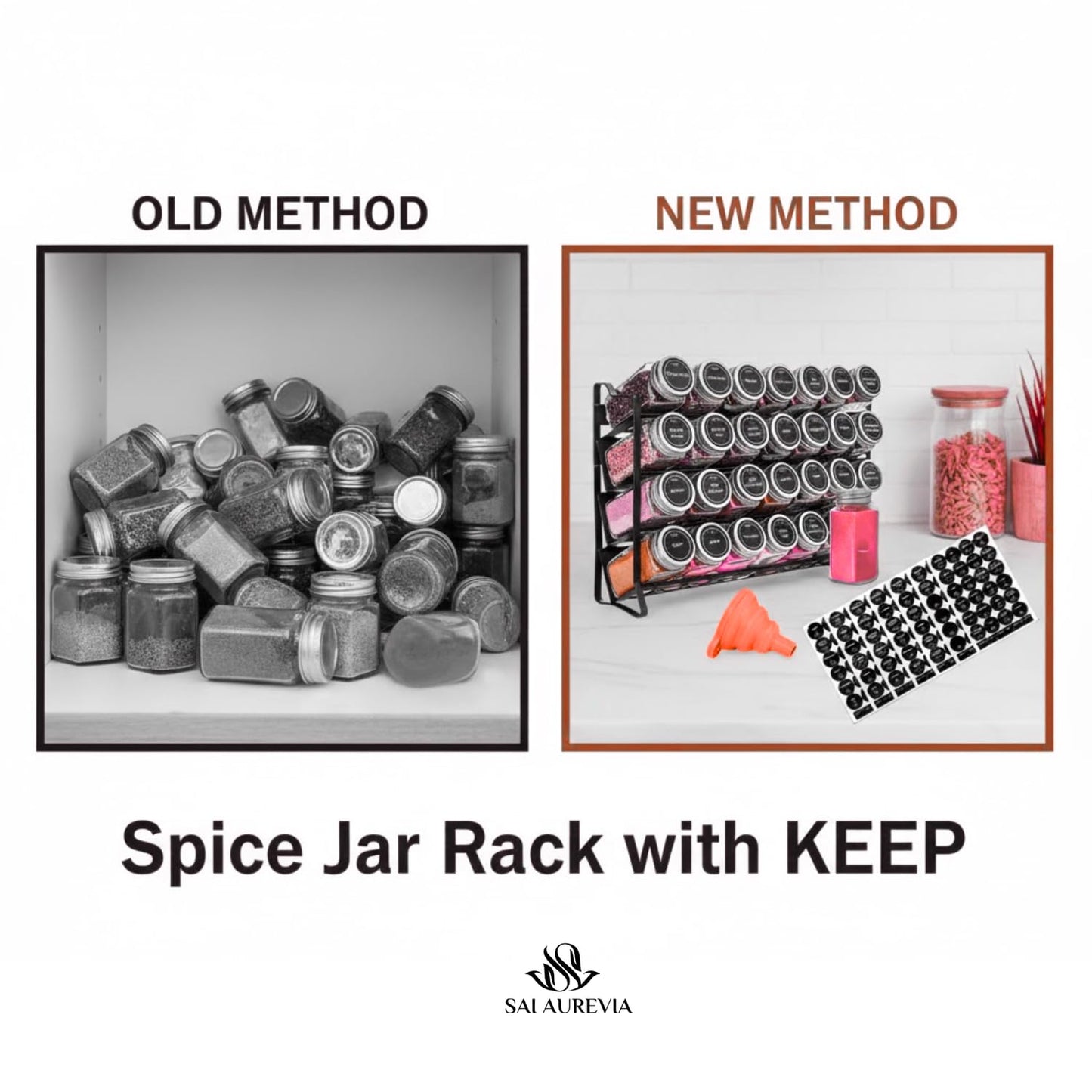 SAI AUREVIA - 28-Jar Spice Rack Organizer with 4-Tier Metal Stand | Complete Set with Glass Jars, Labels & Funnel | Space-Saving Kitchen Spice Storage (Wall or Countertop Mount)