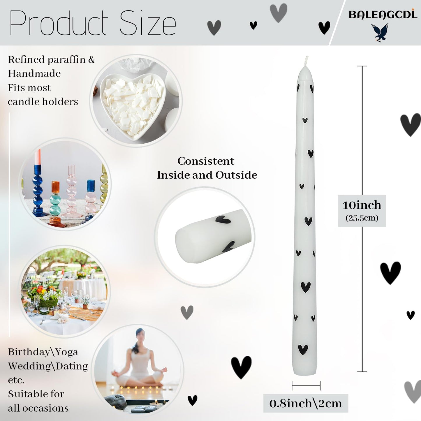 Baleagcdl White & Black Heart Taper Candles - 10 Inch Handmade Drip Candlesticks, Set of 2 for Wedding Home Holiday Decor Gifts